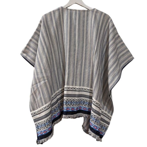 Tory Burch Boho Oversized Blaire Poncho M/L - w/ Tassles, New Ivory / Navy Sea - Picture 7 of 12